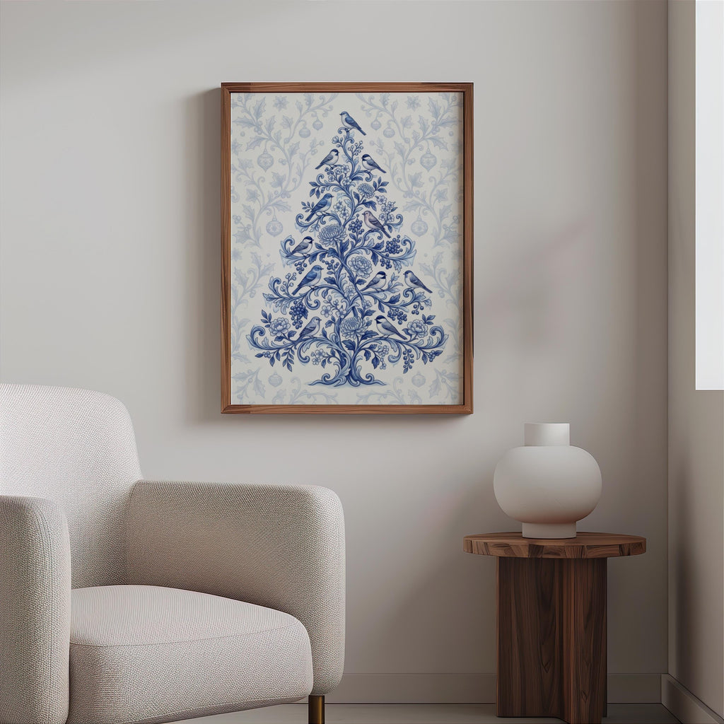 Chinoiserie Christmas Tree Print, Blue and White Holiday Decor, Grandmillennial Winter Poster, Floral & Birds Chinese Wallpaper