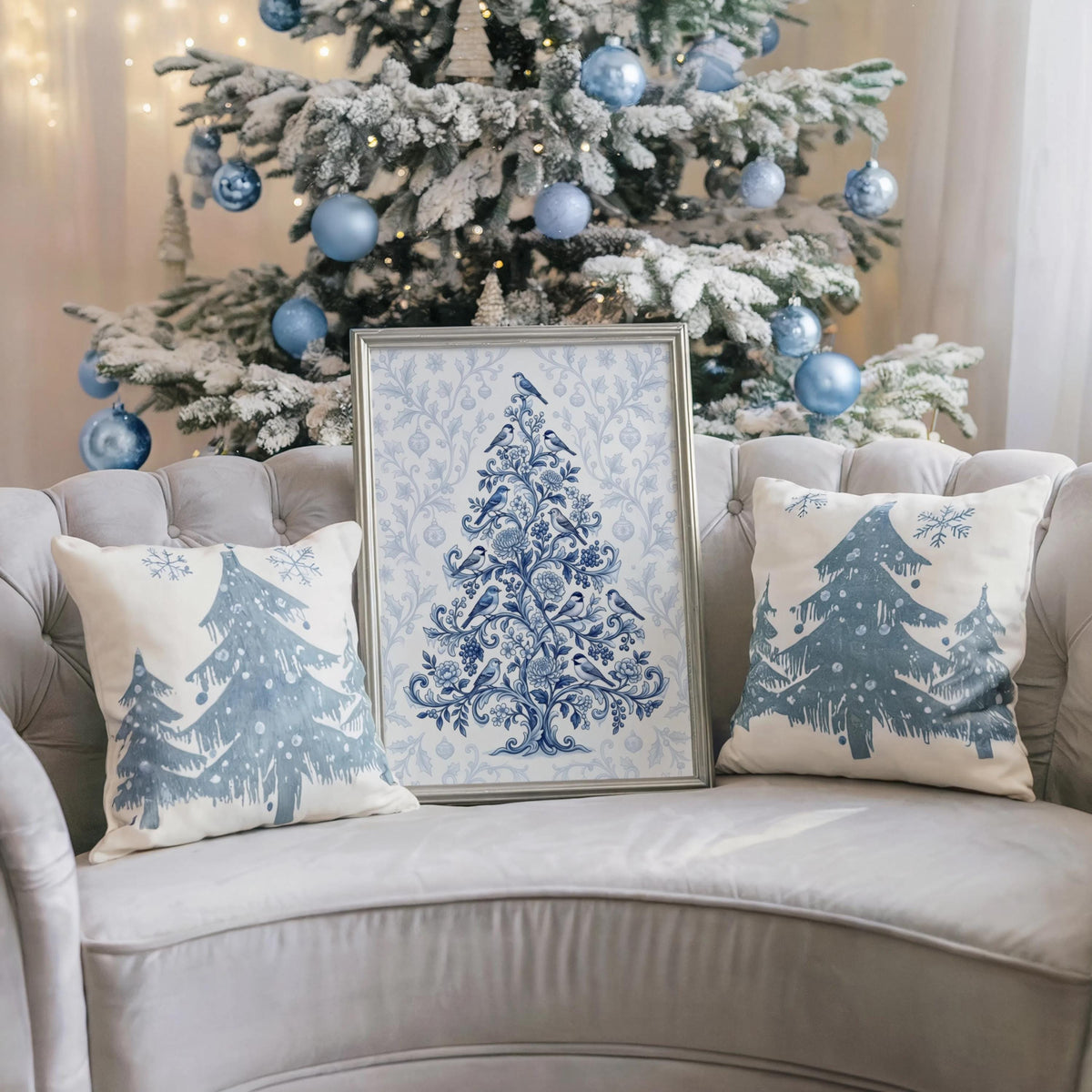 Chinoiserie Christmas Tree Print, Blue and White Holiday Decor, Grandmillennial Winter Poster, Floral & Birds Chinese Wallpaper