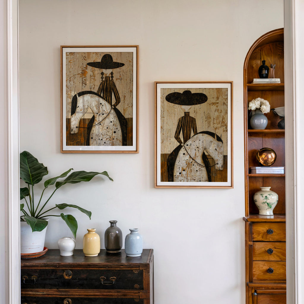 Western Rider Art Set of 2: Cowboy & Cowgirl Horse Painting, Modern Rustic Wall Decor, Equestrian Poster Duo, Minimalist Southwestern Canvas