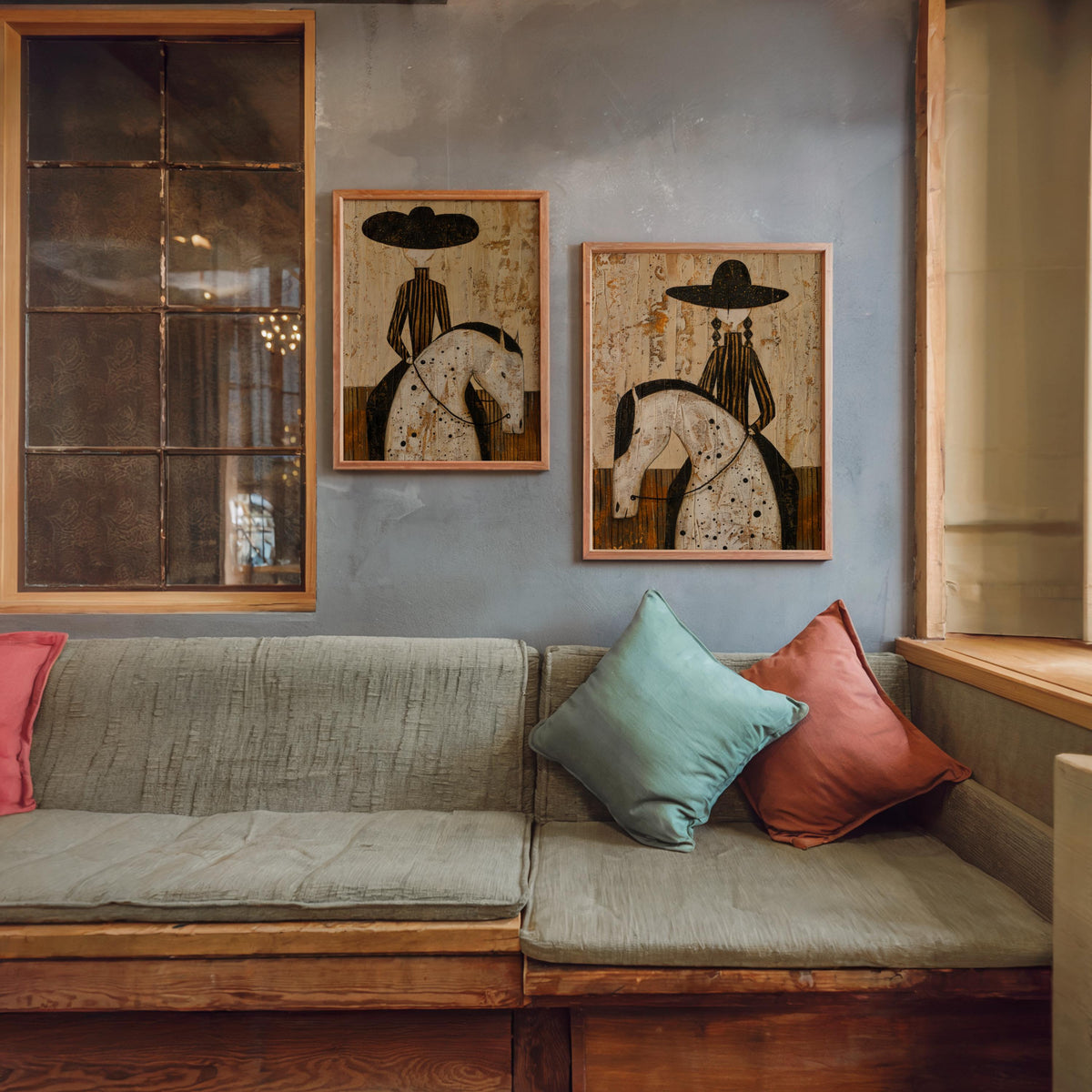 Western Rider Art Set of 2: Cowboy & Cowgirl Horse Painting, Modern Rustic Wall Decor, Equestrian Poster Duo, Minimalist Southwestern Canvas