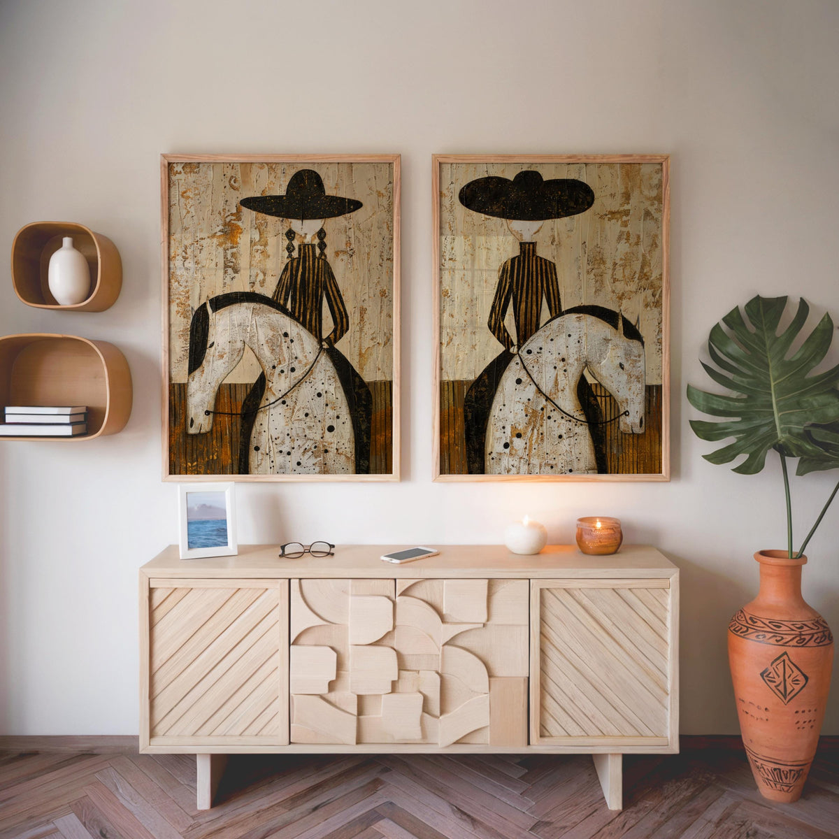 Western Rider Art Set of 2: Cowboy & Cowgirl Horse Painting, Modern Rustic Wall Decor, Equestrian Poster Duo, Minimalist Southwestern Canvas