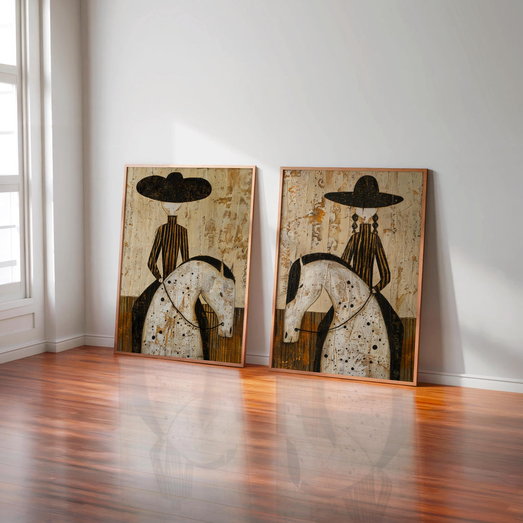 Western Rider Art Set of 2: Cowboy & Cowgirl Horse Painting, Modern Rustic Wall Decor, Equestrian Poster Duo, Minimalist Southwestern Canvas