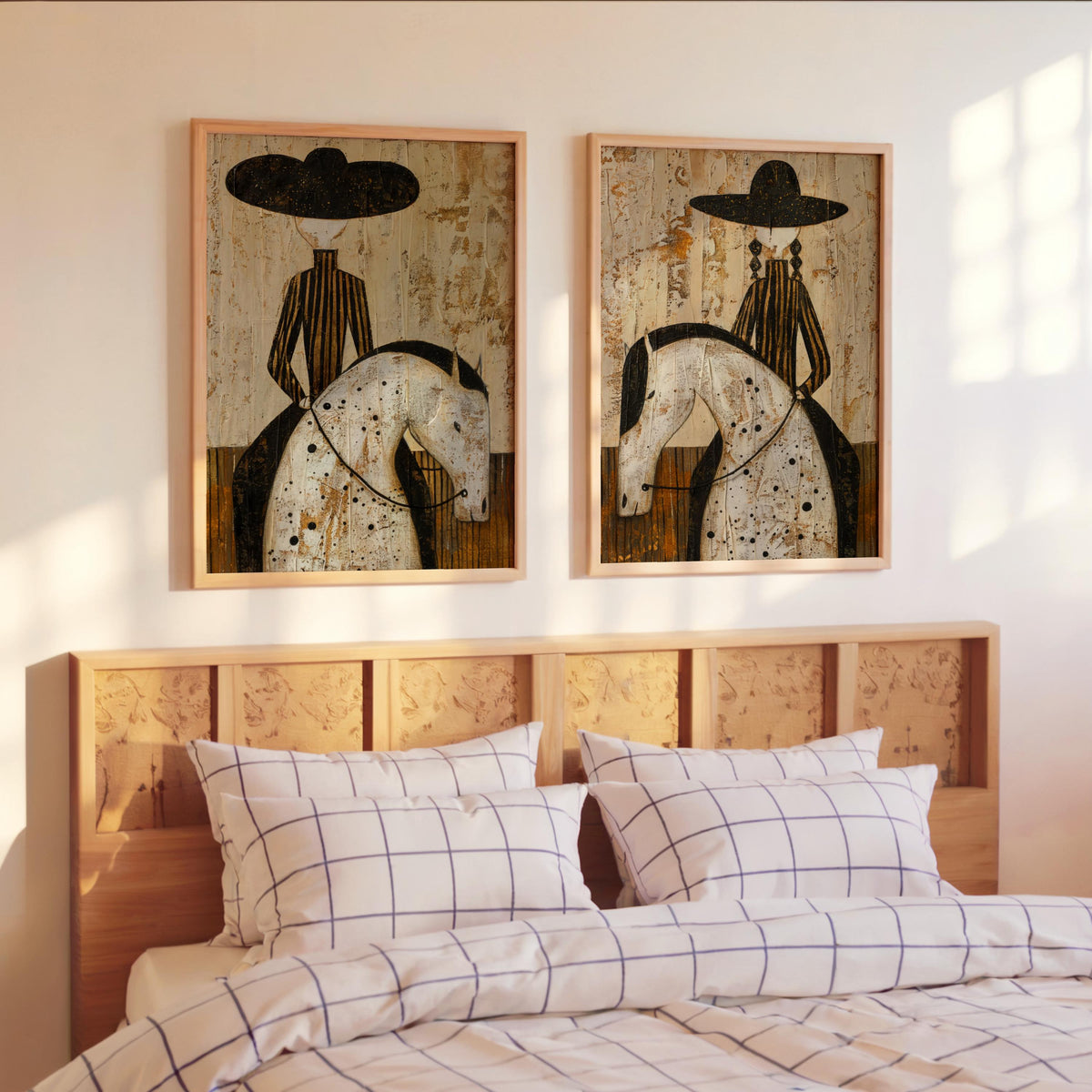Western Rider Art Set of 2: Cowboy & Cowgirl Horse Painting, Modern Rustic Wall Decor, Equestrian Poster Duo, Minimalist Southwestern Canvas