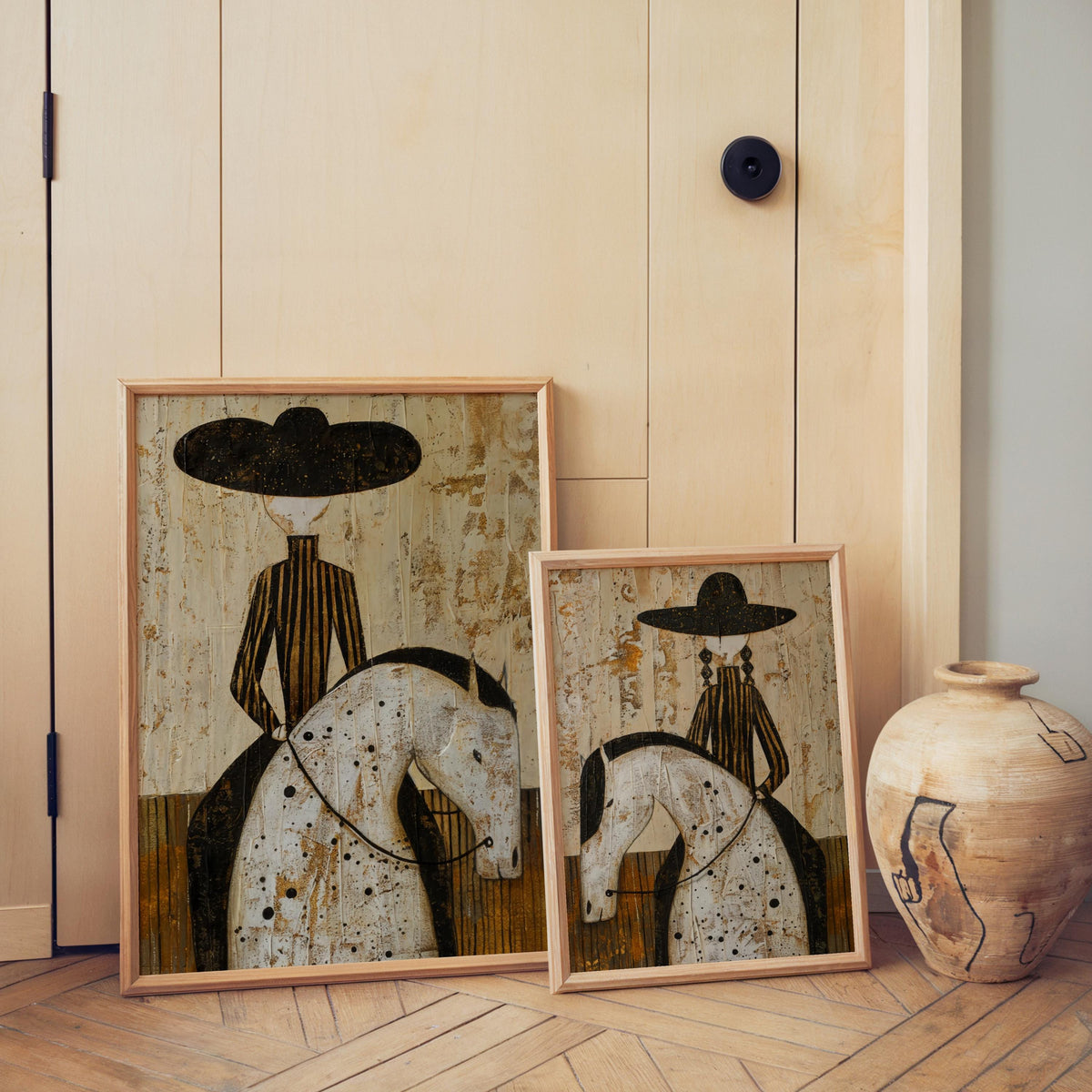 Western Rider Art Set of 2: Cowboy & Cowgirl Horse Painting, Modern Rustic Wall Decor, Equestrian Poster Duo, Minimalist Southwestern Canvas