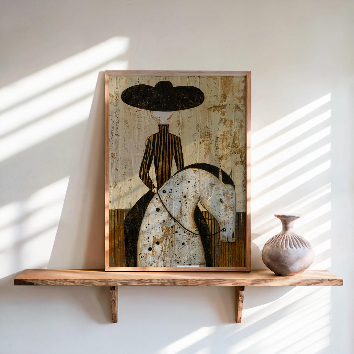 Western Rider Art Set of 2: Cowboy & Cowgirl Horse Painting, Modern Rustic Wall Decor, Equestrian Poster Duo, Minimalist Southwestern Canvas