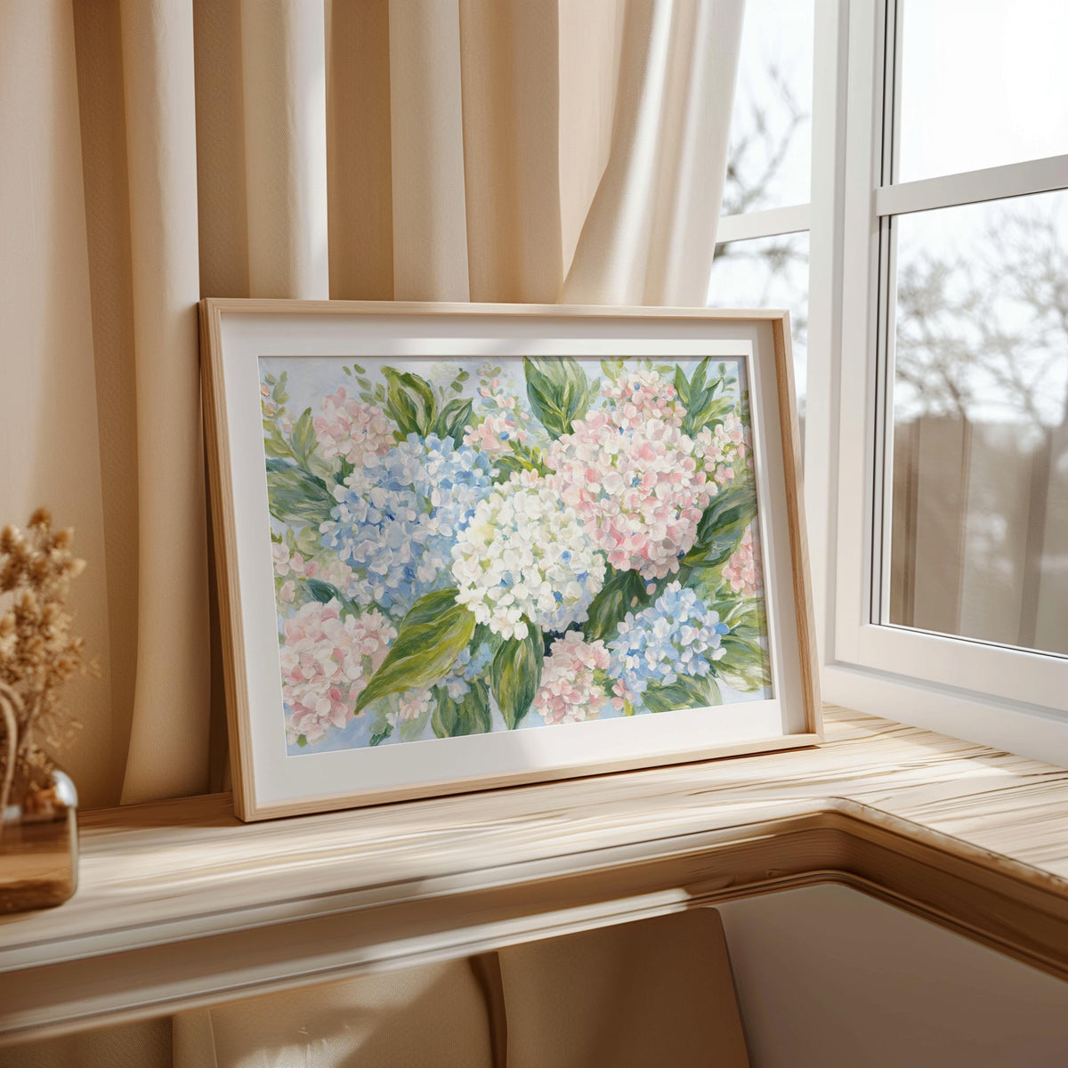 Spring floral printable on windowsill, framed hydrangea art with flowing curtains and soft outdoor light