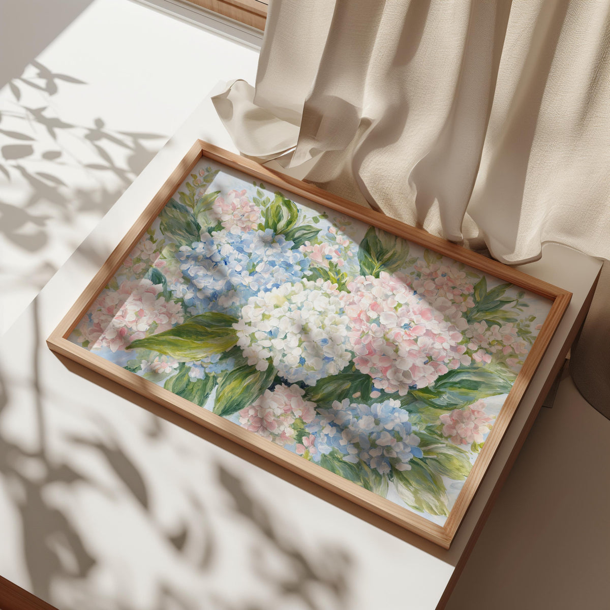 Pastel hydrangea wall art in a rustic box, angled sunlight and curtain shadows, soft impressionist petals