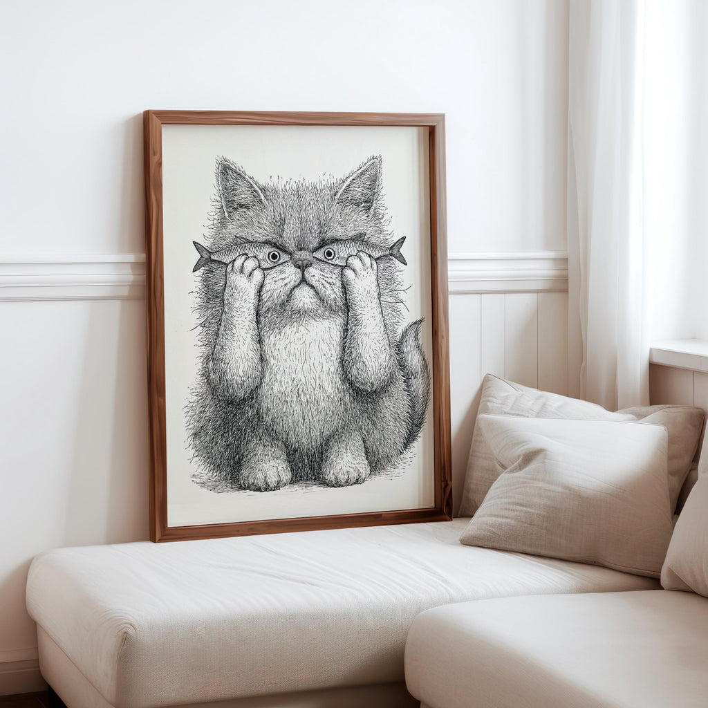Whimsical Cat Art, Funny Cat with Fish Print, Playful Wall Decor, Weird Medieval Cat Poster, Quirky Animal Illustration