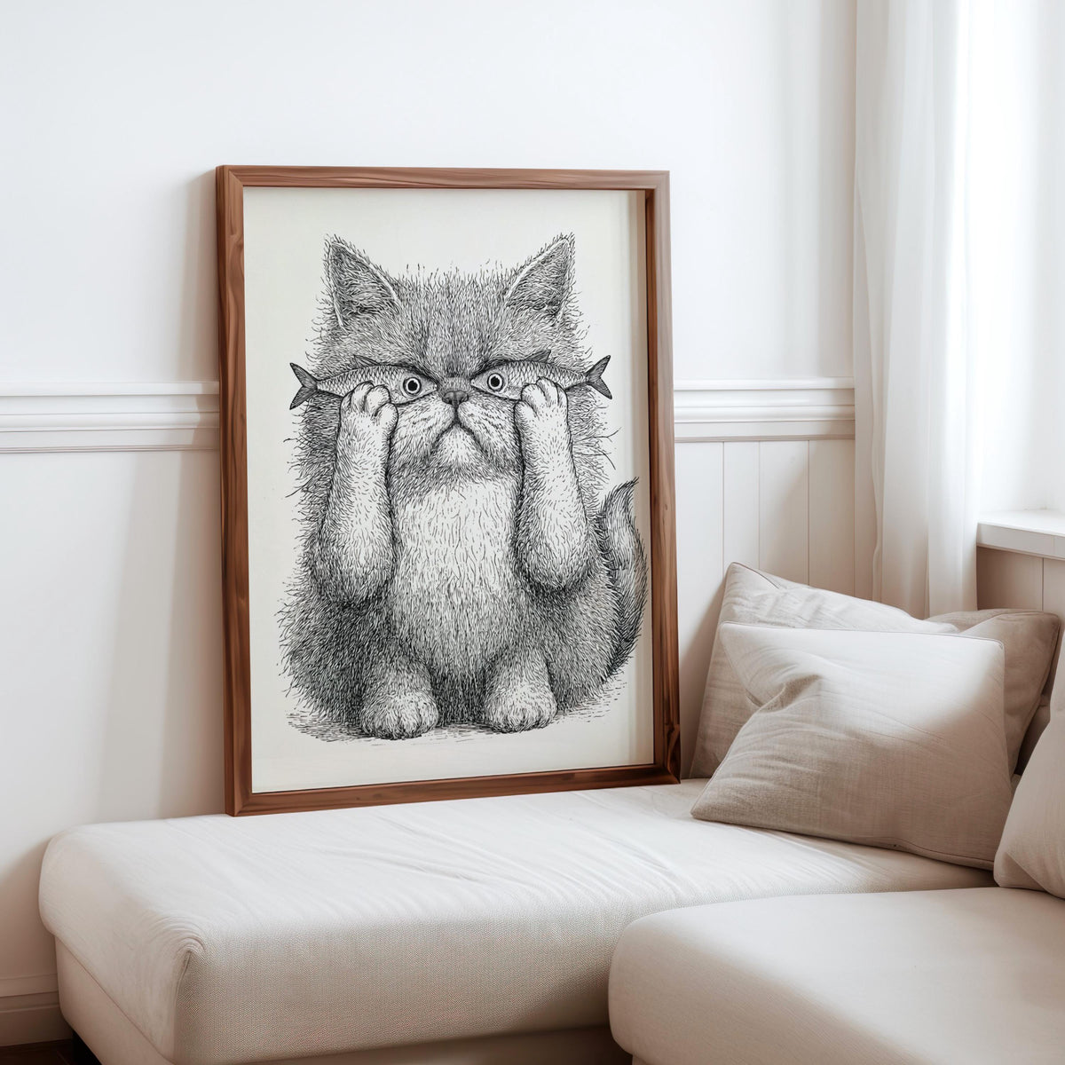 Whimsical Cat Art, Funny Cat with Fish Print, Playful Wall Decor, Weird Medieval Cat Poster, Quirky Animal Illustration