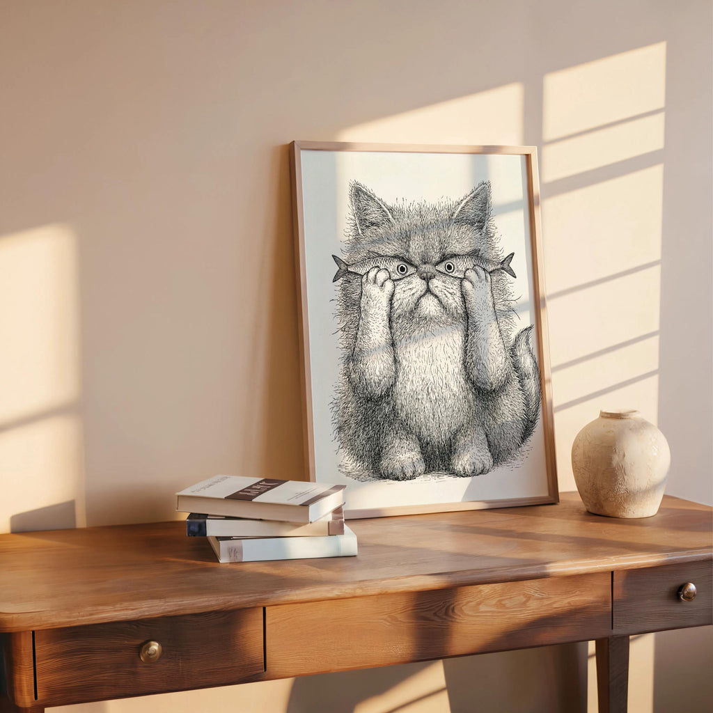 Whimsical Cat Art, Funny Cat with Fish Print, Playful Wall Decor, Weird Medieval Cat Poster, Quirky Animal Illustration