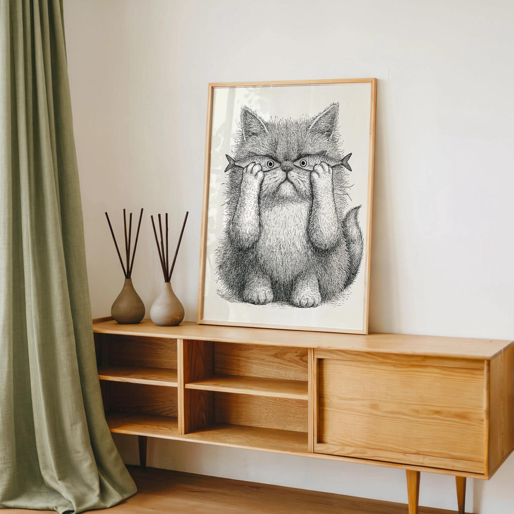Whimsical Cat Art, Funny Cat with Fish Print, Playful Wall Decor, Weird Medieval Cat Poster, Quirky Animal Illustration