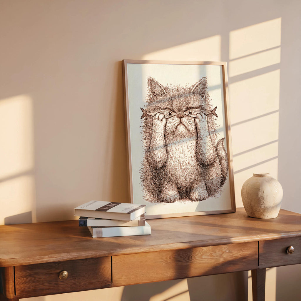 Whimsical Cat Art, Funny Cat with Fish Print, Playful Wall Decor, Weird Medieval Cat Poster, Quirky Animal Illustration