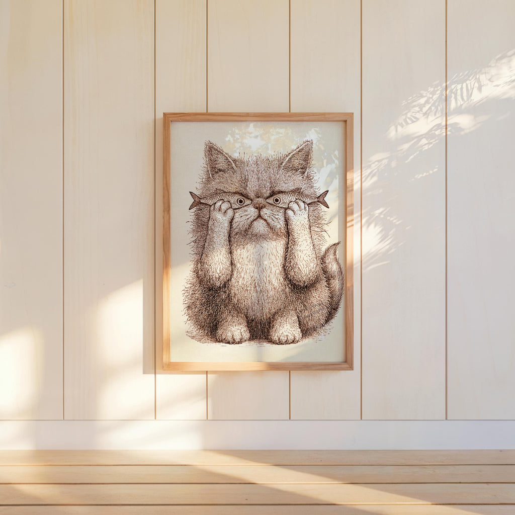 Whimsical Cat Art, Funny Cat with Fish Print, Playful Wall Decor, Weird Medieval Cat Poster, Quirky Animal Illustration