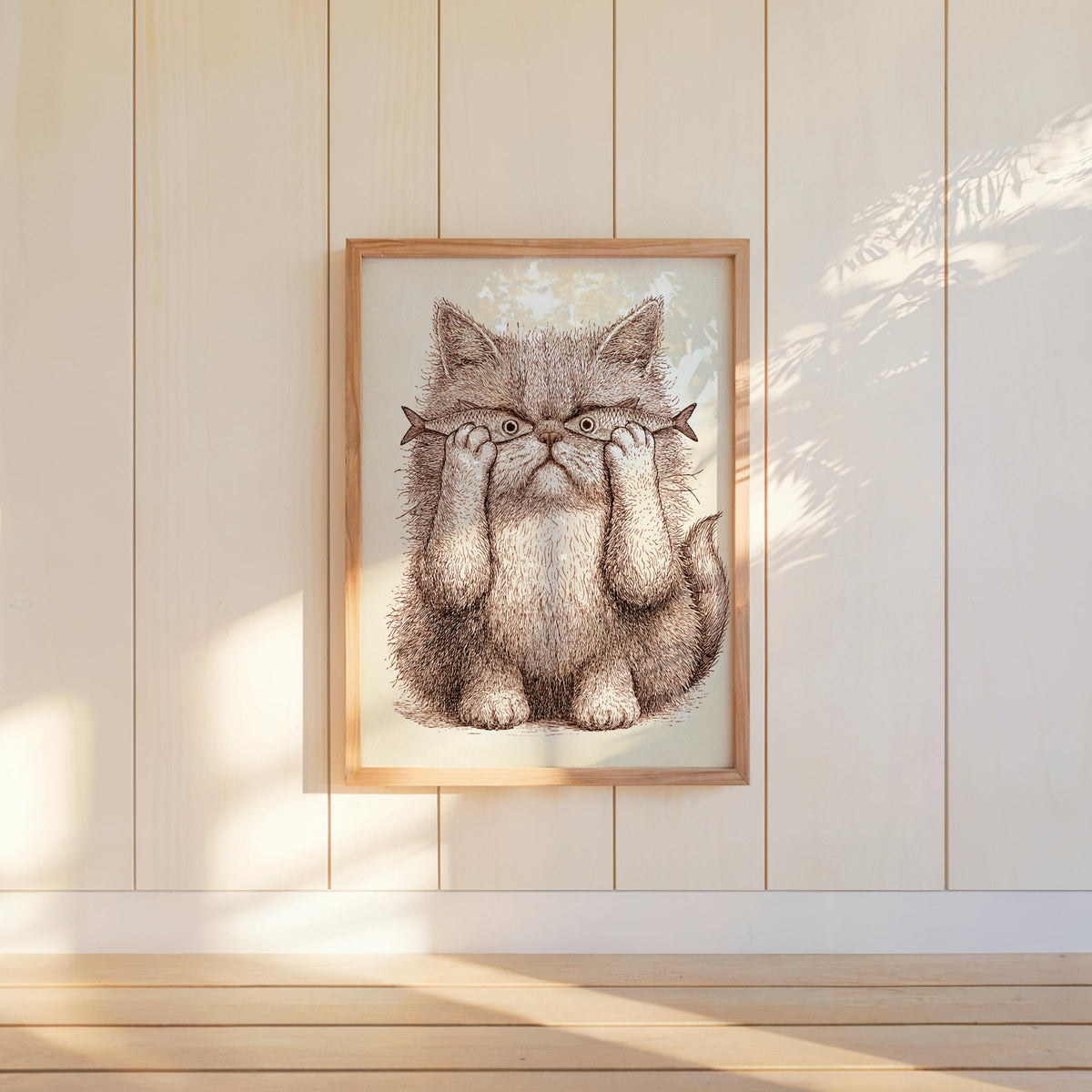 Whimsical Cat Art, Funny Cat with Fish Print, Playful Wall Decor, Weird Medieval Cat Poster, Quirky Animal Illustration
