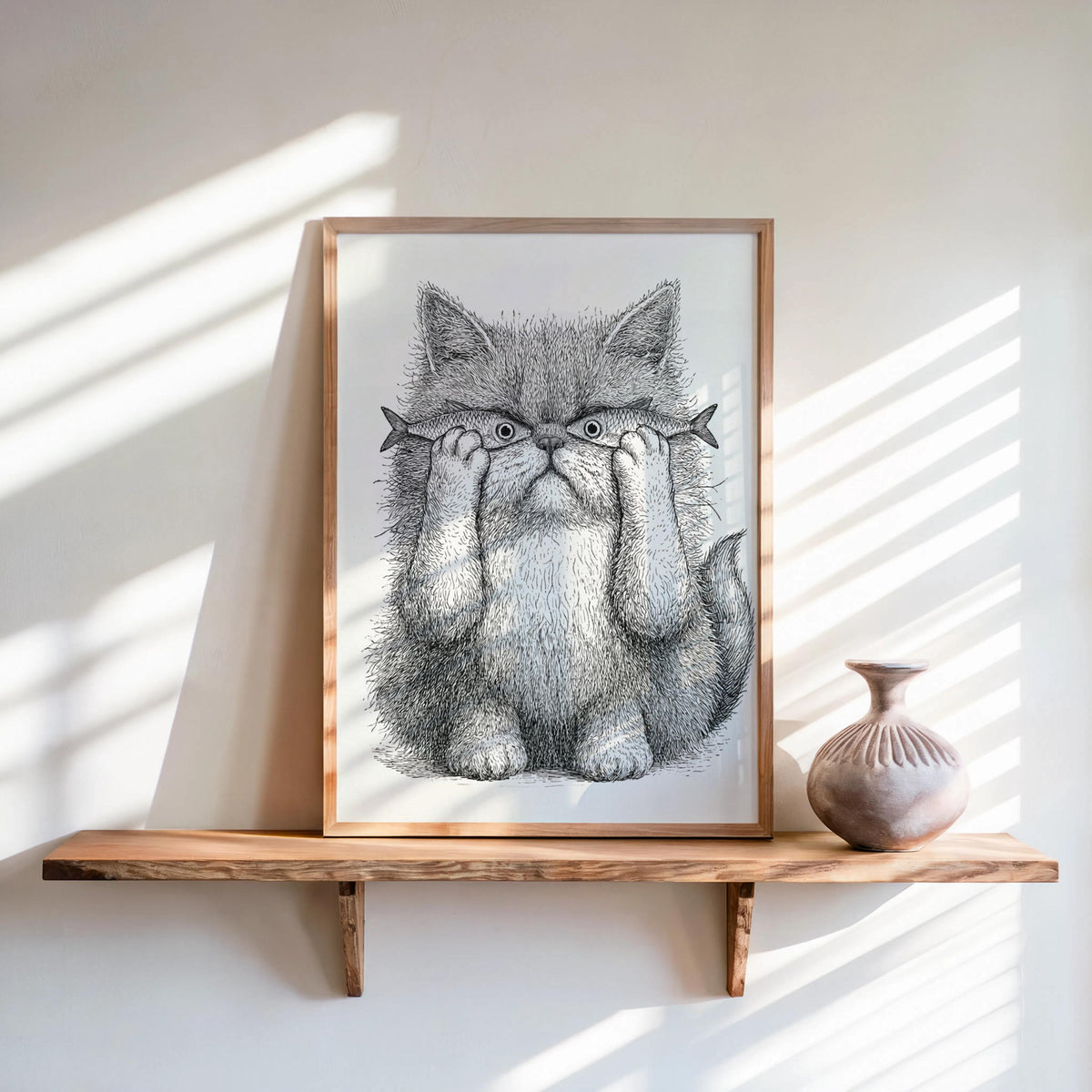 Whimsical Cat Art, Funny Cat with Fish Print, Playful Wall Decor, Weird Medieval Cat Poster, Quirky Animal Illustration