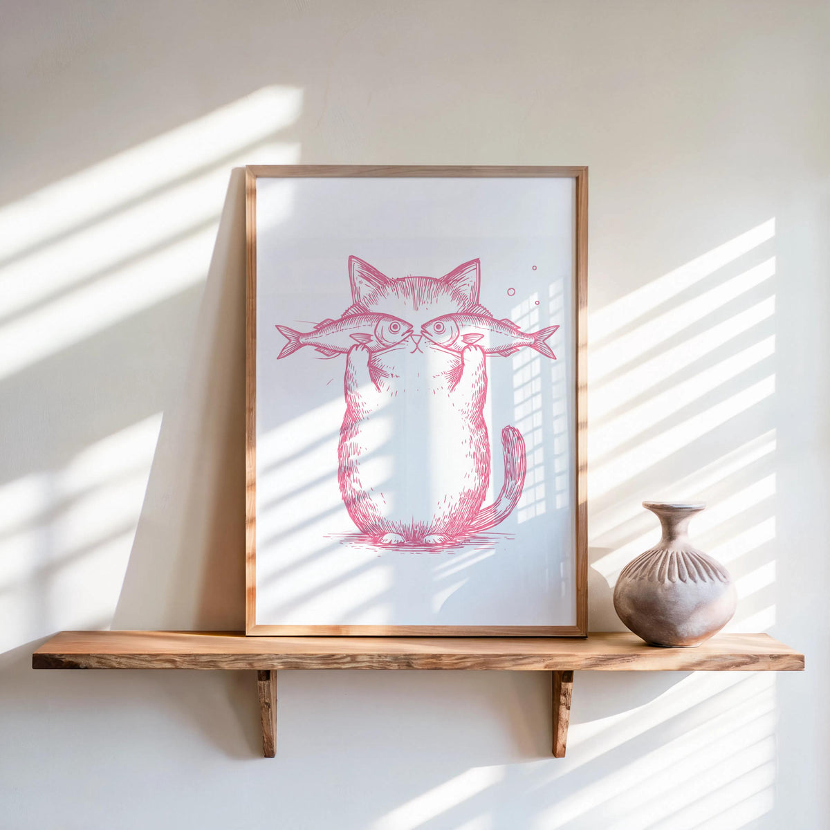 Funny Cat Fish Print, Playful Pet Poster, Retro Animal Illustration, Pastel Line Art