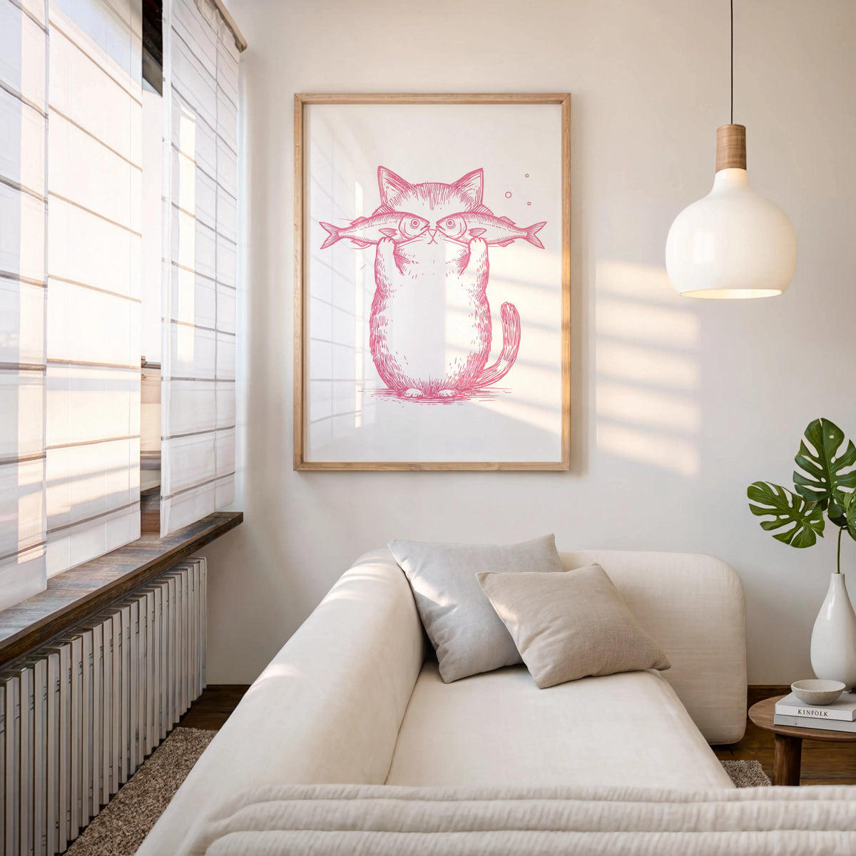 Funny Cat Fish Print, Playful Pet Poster, Retro Animal Illustration, Pastel Line Art