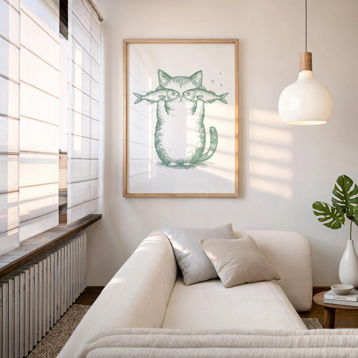 Funny Cat Fish Print, Playful Pet Poster, Retro Animal Illustration, Pastel Line Art