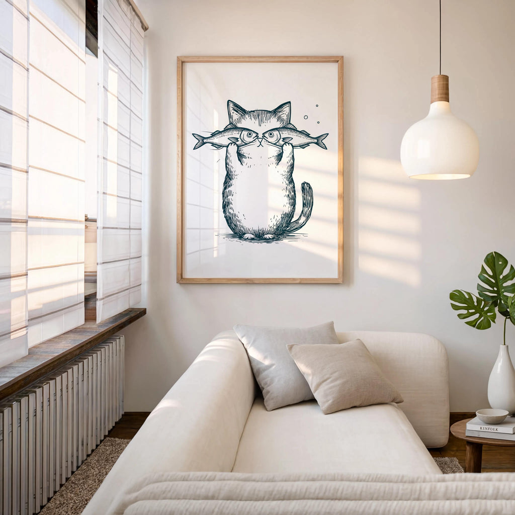 Funny Cat Fish Print, Playful Pet Poster, Retro Animal Illustration, Pastel Line Art