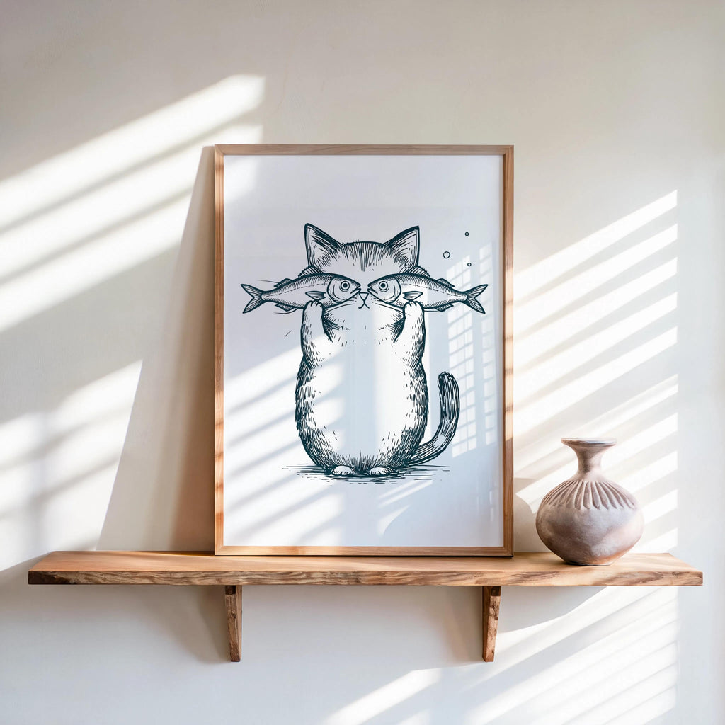 Funny Cat Fish Print, Playful Pet Poster, Retro Animal Illustration, Pastel Line Art