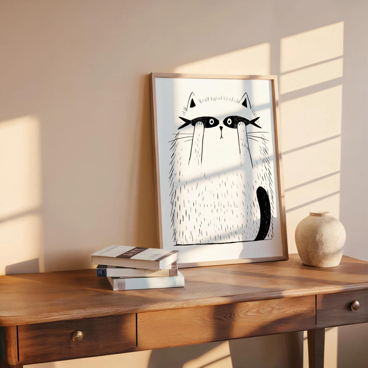 Funny Cat Print, Cat with Fish Wall Art, Minimalist Line Art Poster, Whimsical Pet Illustration, Playful Bedroom Canvas, Kids Nursery Gift