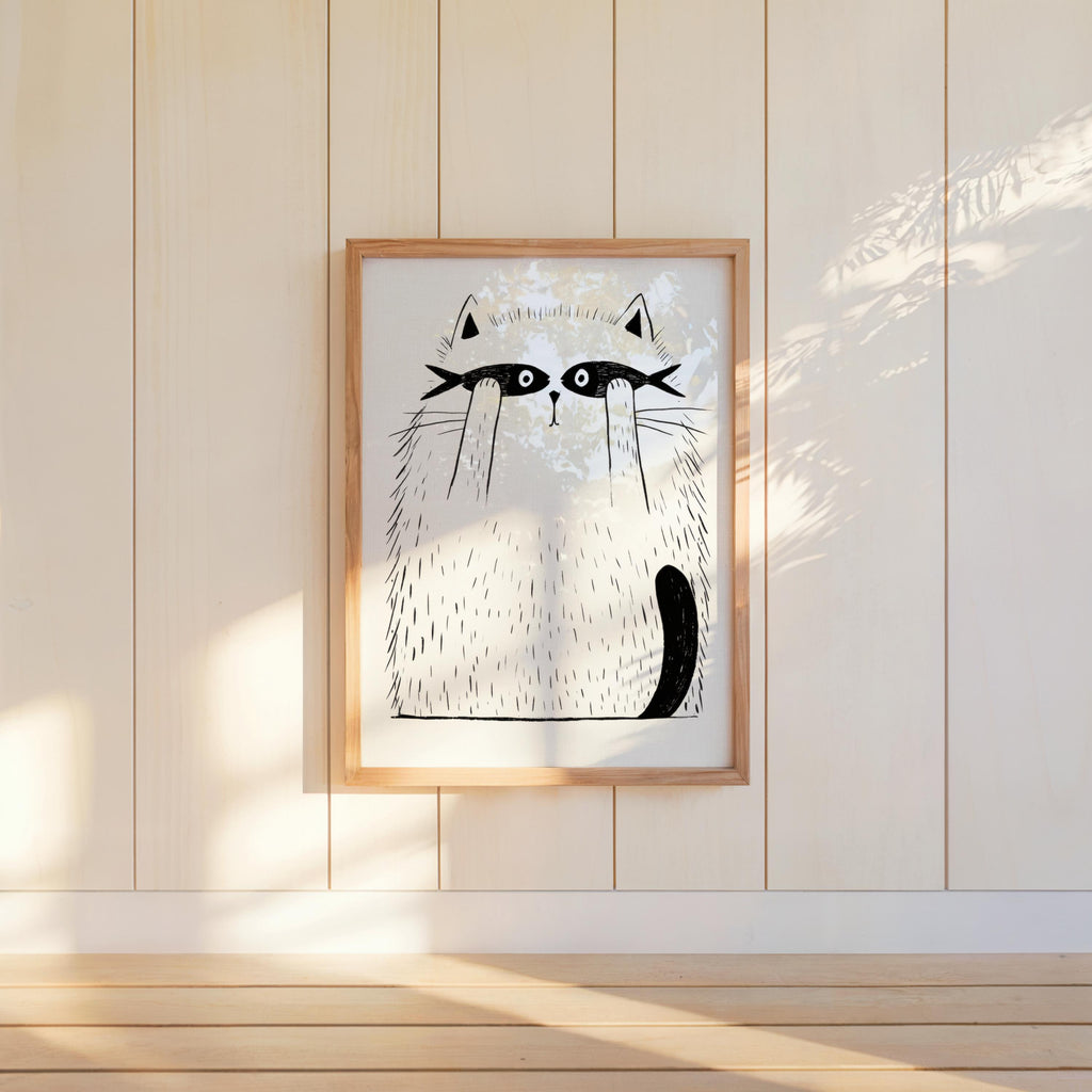 Funny Cat Print, Cat with Fish Wall Art, Minimalist Line Art Poster, Whimsical Pet Illustration, Playful Bedroom Canvas, Kids Nursery Gift