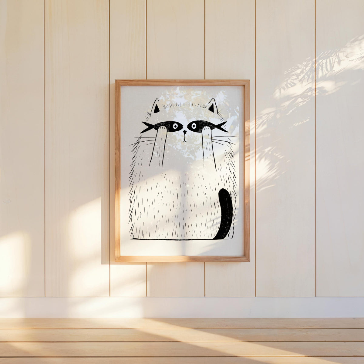 Funny Cat Print, Cat with Fish Wall Art, Minimalist Line Art Poster, Whimsical Pet Illustration, Playful Bedroom Canvas, Kids Nursery Gift