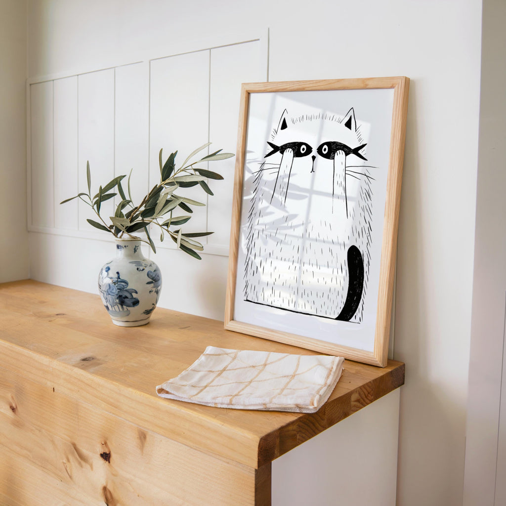 Funny Cat Print, Cat with Fish Wall Art, Minimalist Line Art Poster, Whimsical Pet Illustration, Playful Bedroom Canvas, Kids Nursery Gift