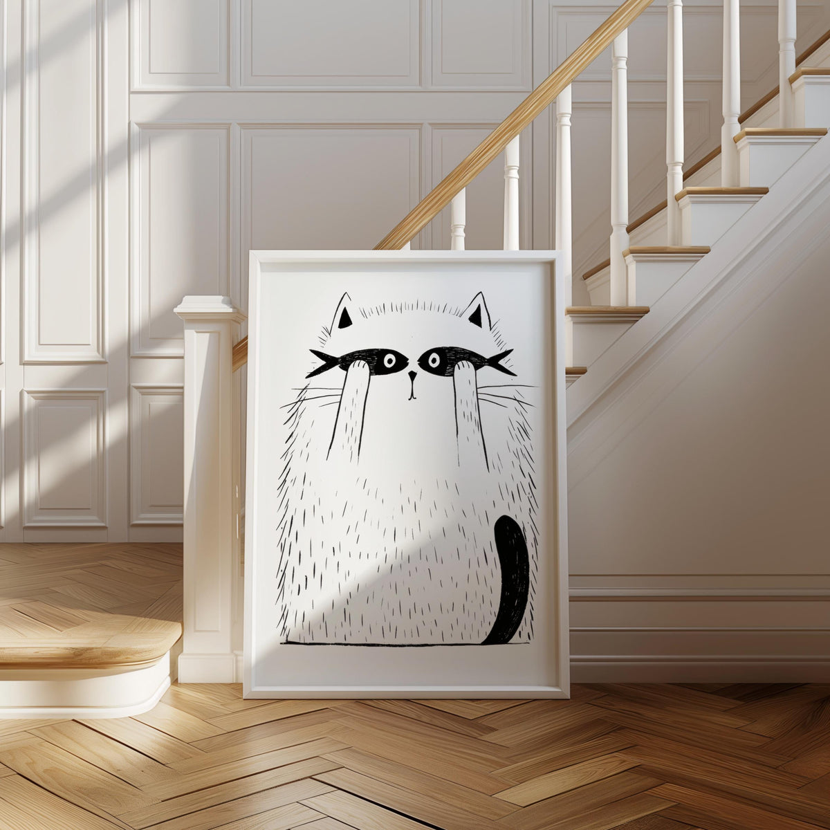 Funny Cat Print, Cat with Fish Wall Art, Minimalist Line Art Poster, Whimsical Pet Illustration, Playful Bedroom Canvas, Kids Nursery Gift