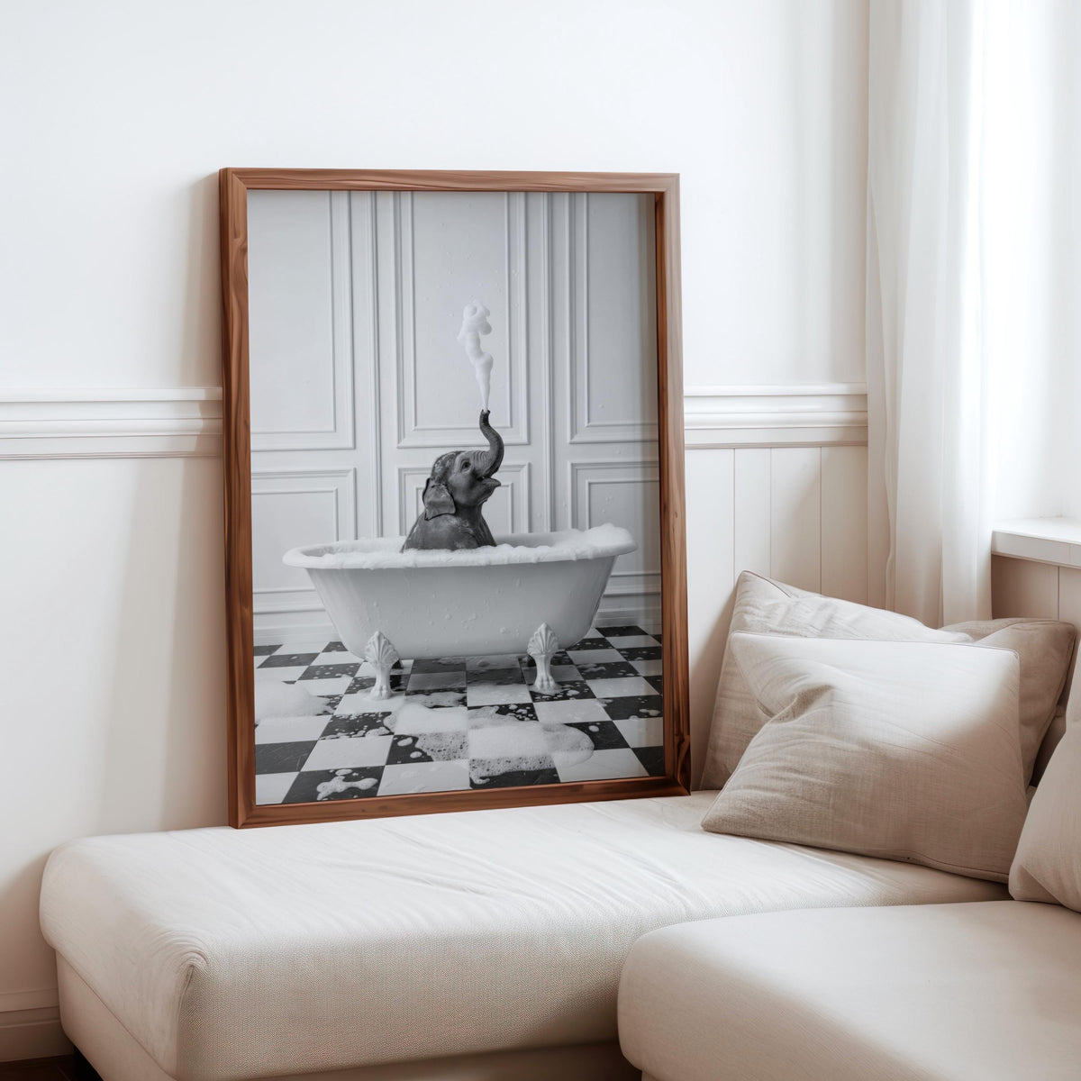 Elephant in Bathtub Wall Art, Whimsical Bathroom Decor, Black & White Animal Photography Print, Quirky Bubble Bath Poster, Funny Nursery Art