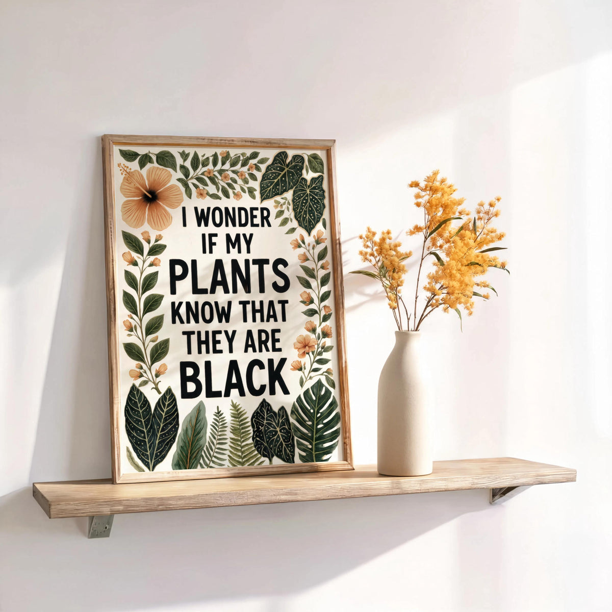 Shelf vignette with dried yellow stems and framed quote poster, bold botanicals, black plant lover wall art