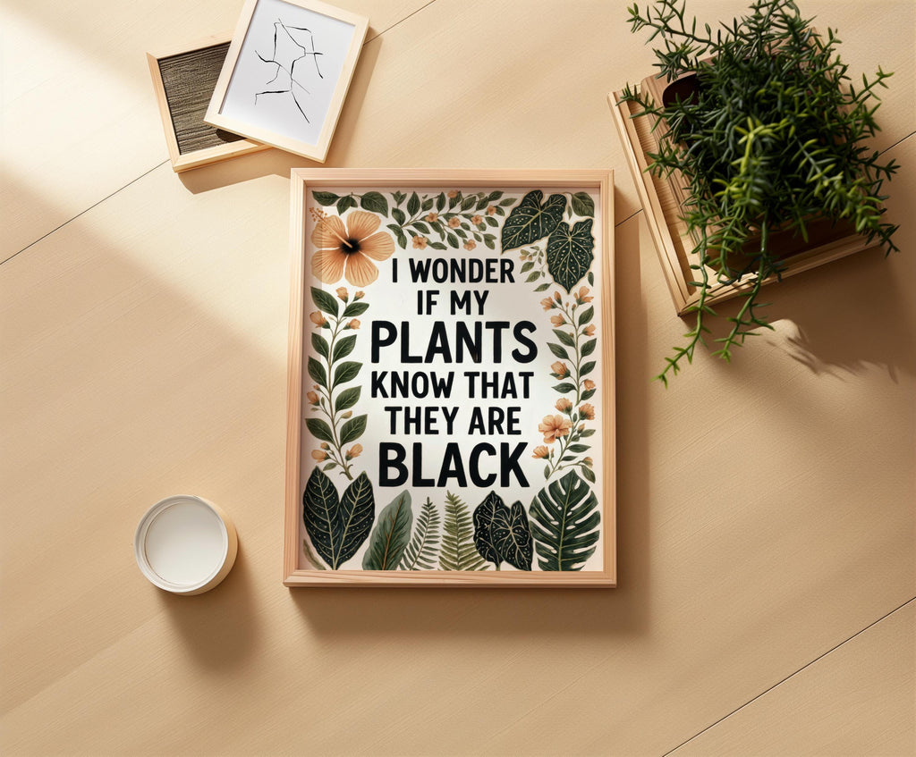 Pinned poster on cork board with plant clipping and note, textured backdrop, unapologetic black plant lover wall art