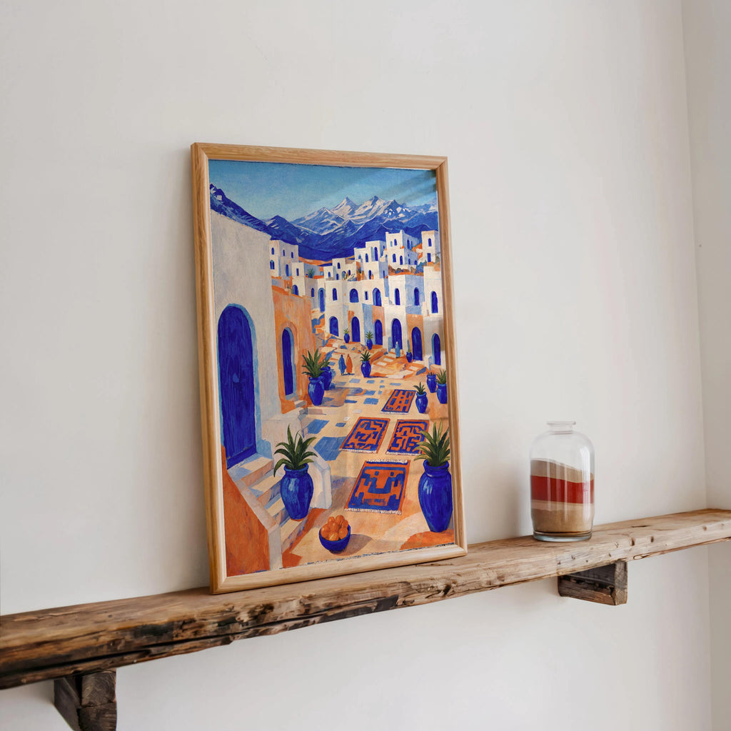 Mediterranean Moroccan Market Print, Mid Century Street Scene Painting, Orange & Blue Folk Art, Arab Middle Eastern Medina Travel Poster