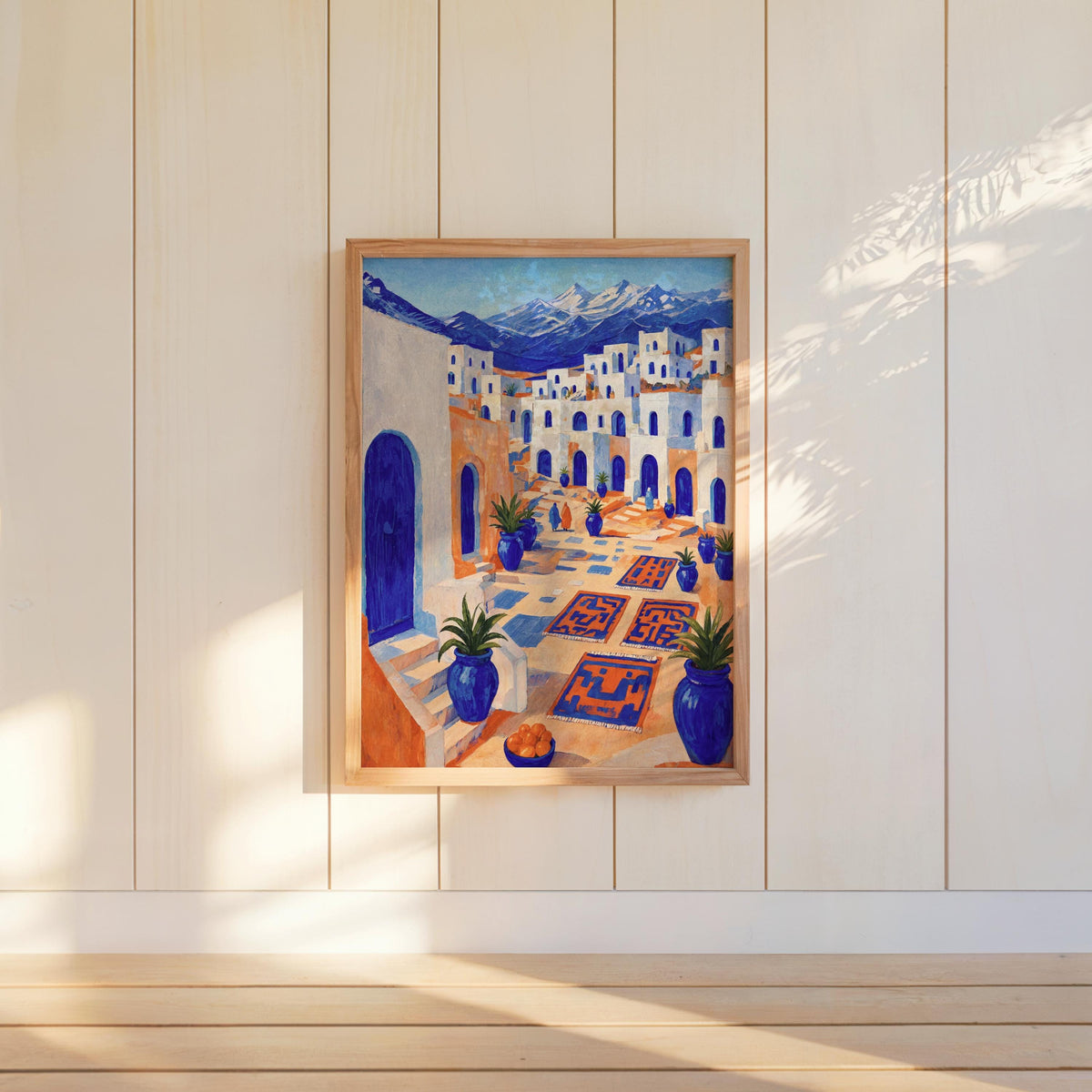 Mediterranean Moroccan Market Print, Mid Century Street Scene Painting, Orange & Blue Folk Art, Arab Middle Eastern Medina Travel Poster