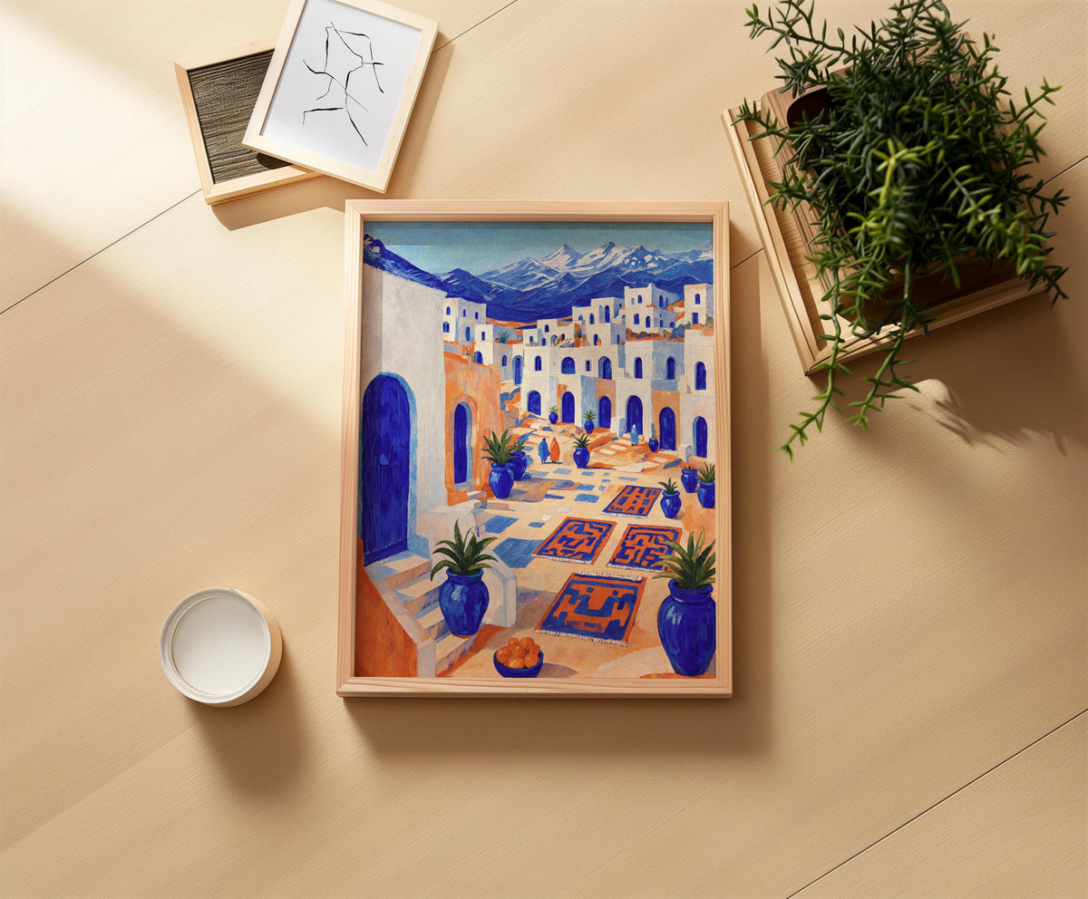 Mediterranean Moroccan Market Print, Mid Century Street Scene Painting, Orange & Blue Folk Art, Arab Middle Eastern Medina Travel Poster