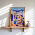 Mediterranean Moroccan Market Print, Mid Century Street Scene Painting, Orange & Blue Folk Art, Arab Middle Eastern Medina Travel Poster