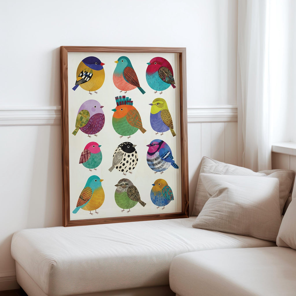 Colorful Borbs birds Illustration: Round bird Folk Art Collection, Vibrant Cute Round Songbird Print, Minimalist Tropical Nursery Wall Decor