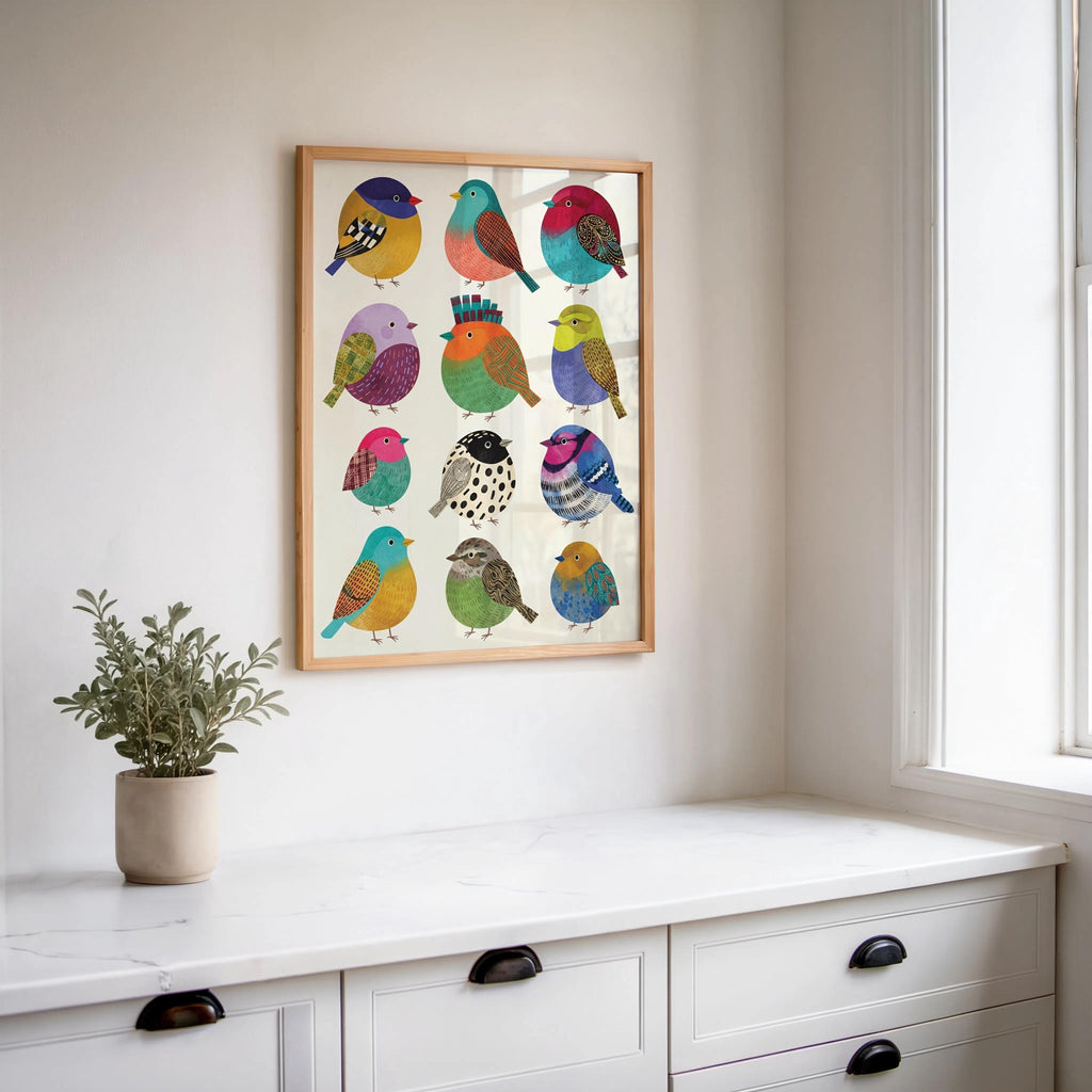 Colorful Borbs birds Illustration: Round bird Folk Art Collection, Vibrant Cute Round Songbird Print, Minimalist Tropical Nursery Wall Decor