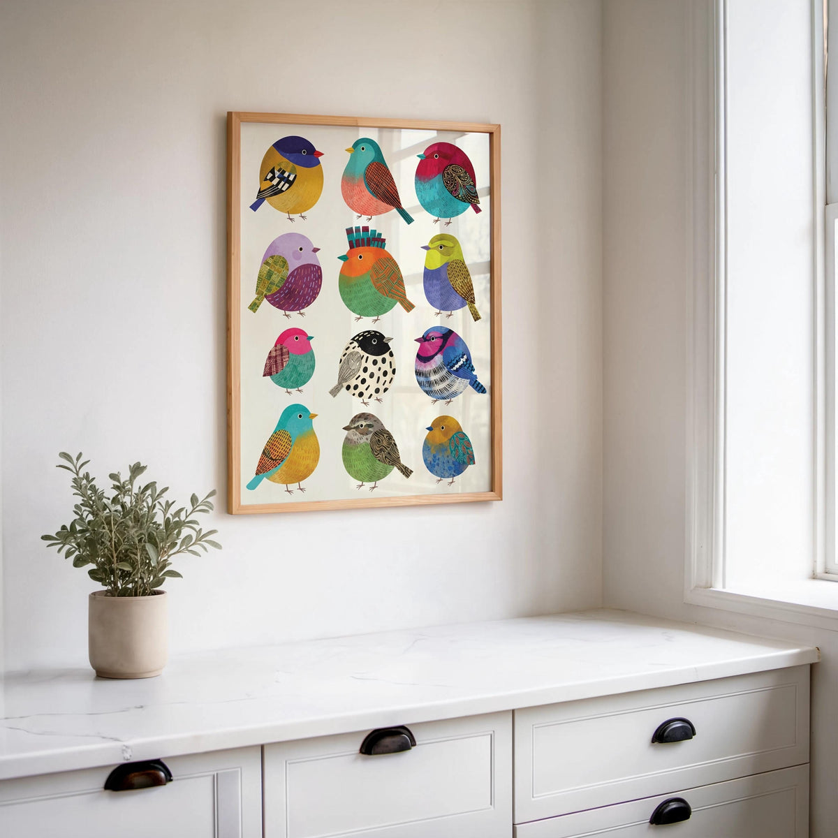 Colorful Borbs birds Illustration: Round bird Folk Art Collection, Vibrant Cute Round Songbird Print, Minimalist Tropical Nursery Wall Decor