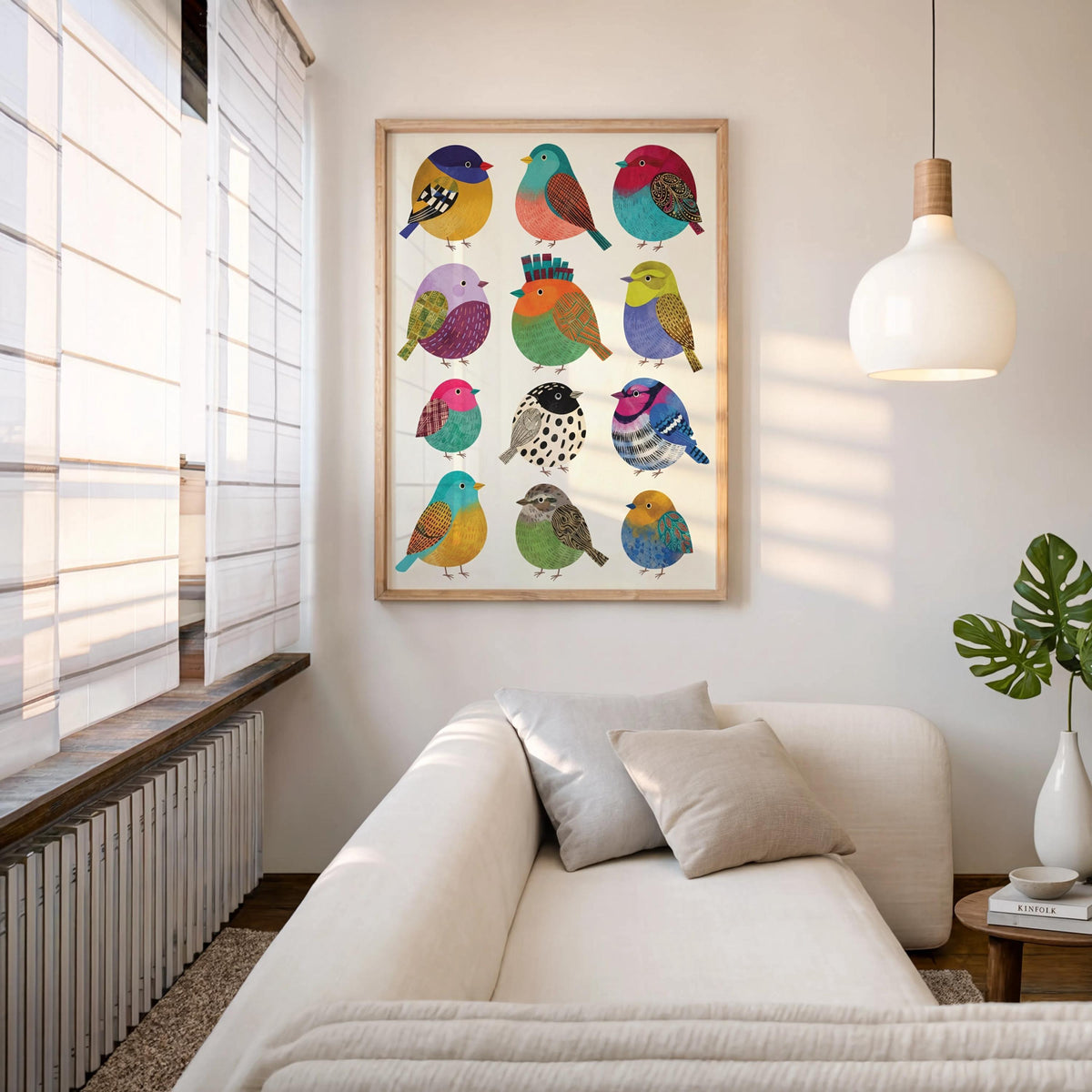 Colorful Borbs birds Illustration: Round bird Folk Art Collection, Vibrant Cute Round Songbird Print, Minimalist Tropical Nursery Wall Decor