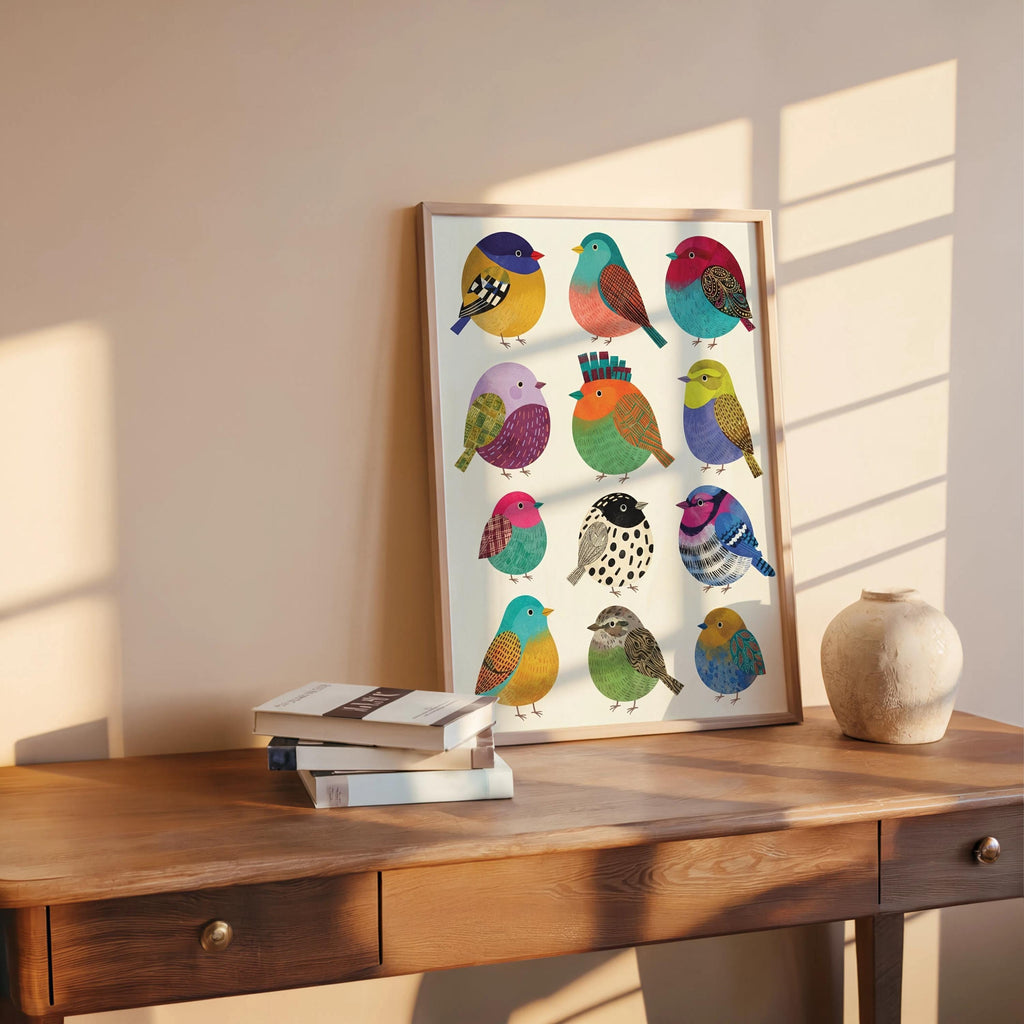 Colorful Borbs birds Illustration: Round bird Folk Art Collection, Vibrant Cute Round Songbird Print, Minimalist Tropical Nursery Wall Decor