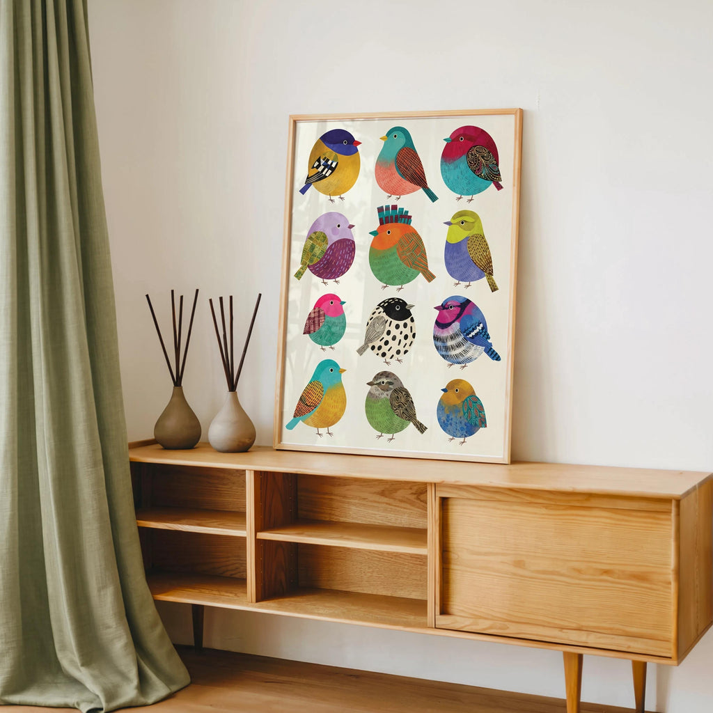 Colorful Borbs birds Illustration: Round bird Folk Art Collection, Vibrant Cute Round Songbird Print, Minimalist Tropical Nursery Wall Decor