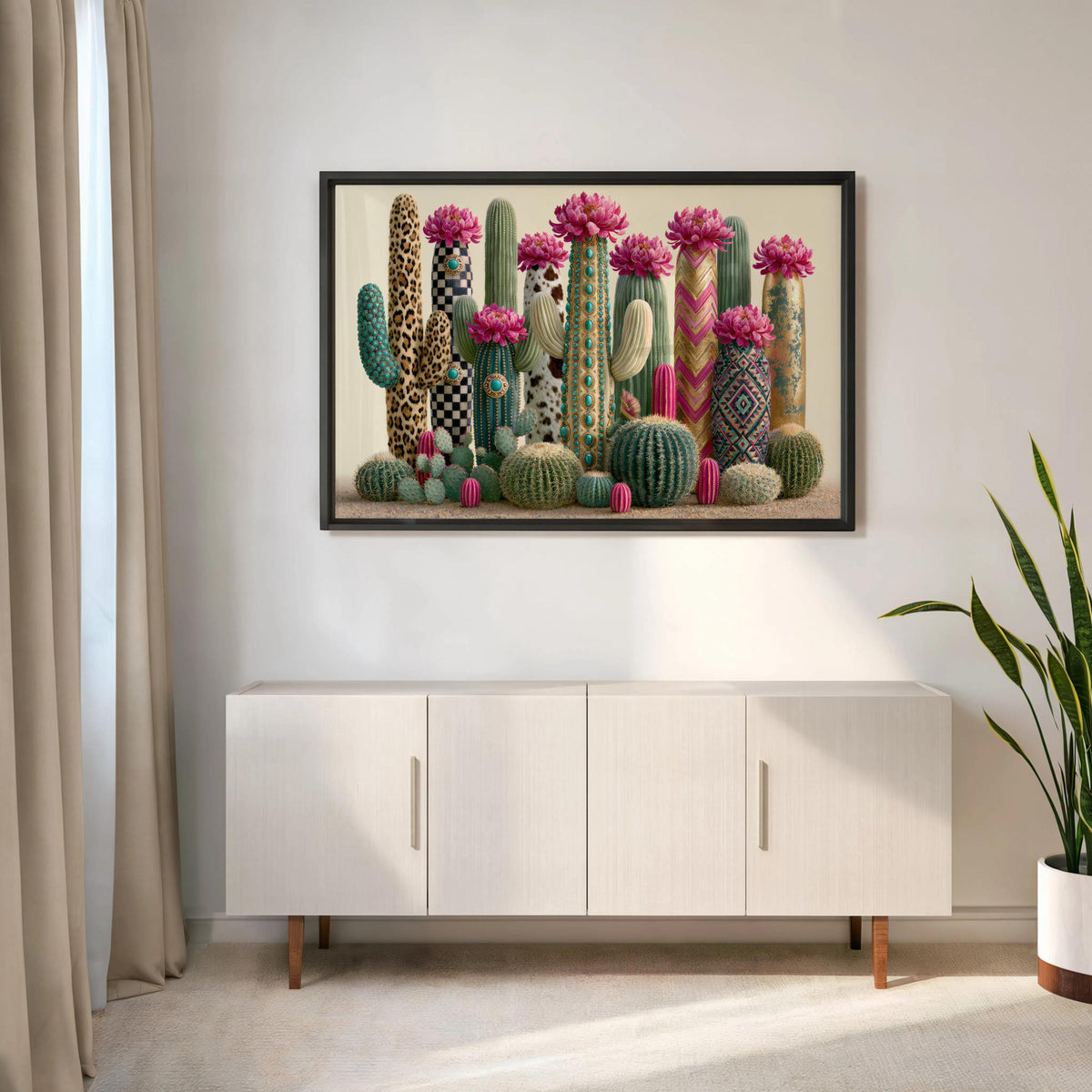 Saguaro cactus print framed above white credenza, bold magenta blooms, southwestern wall art styling.