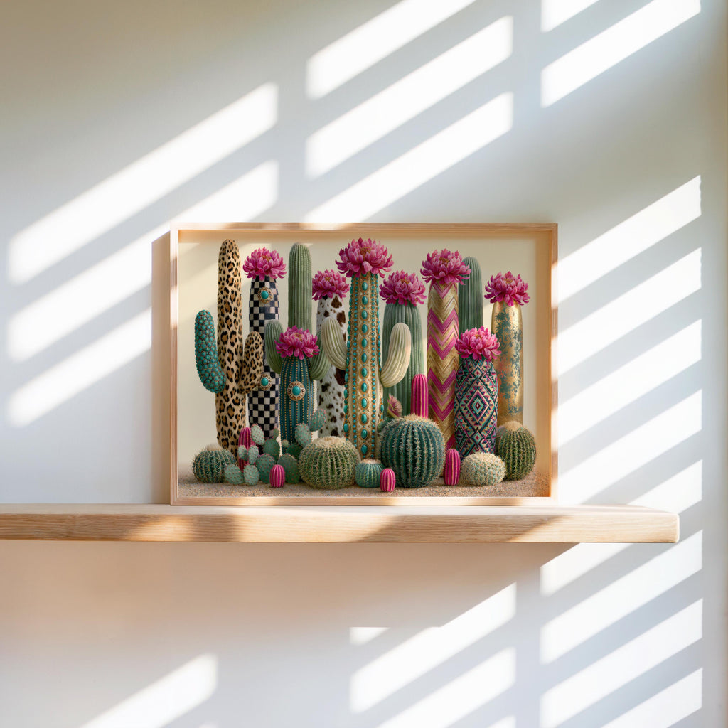 Colorful cactus wall art on a floating shelf, strong sunlit stripes across the print, desert botanical tones.