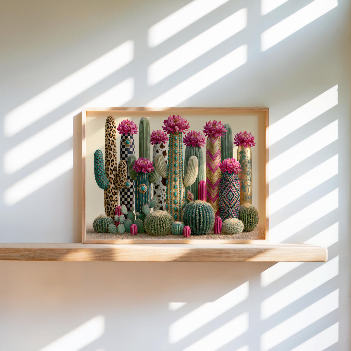 Colorful cactus wall art on a floating shelf, strong sunlit stripes across the print, desert botanical tones.