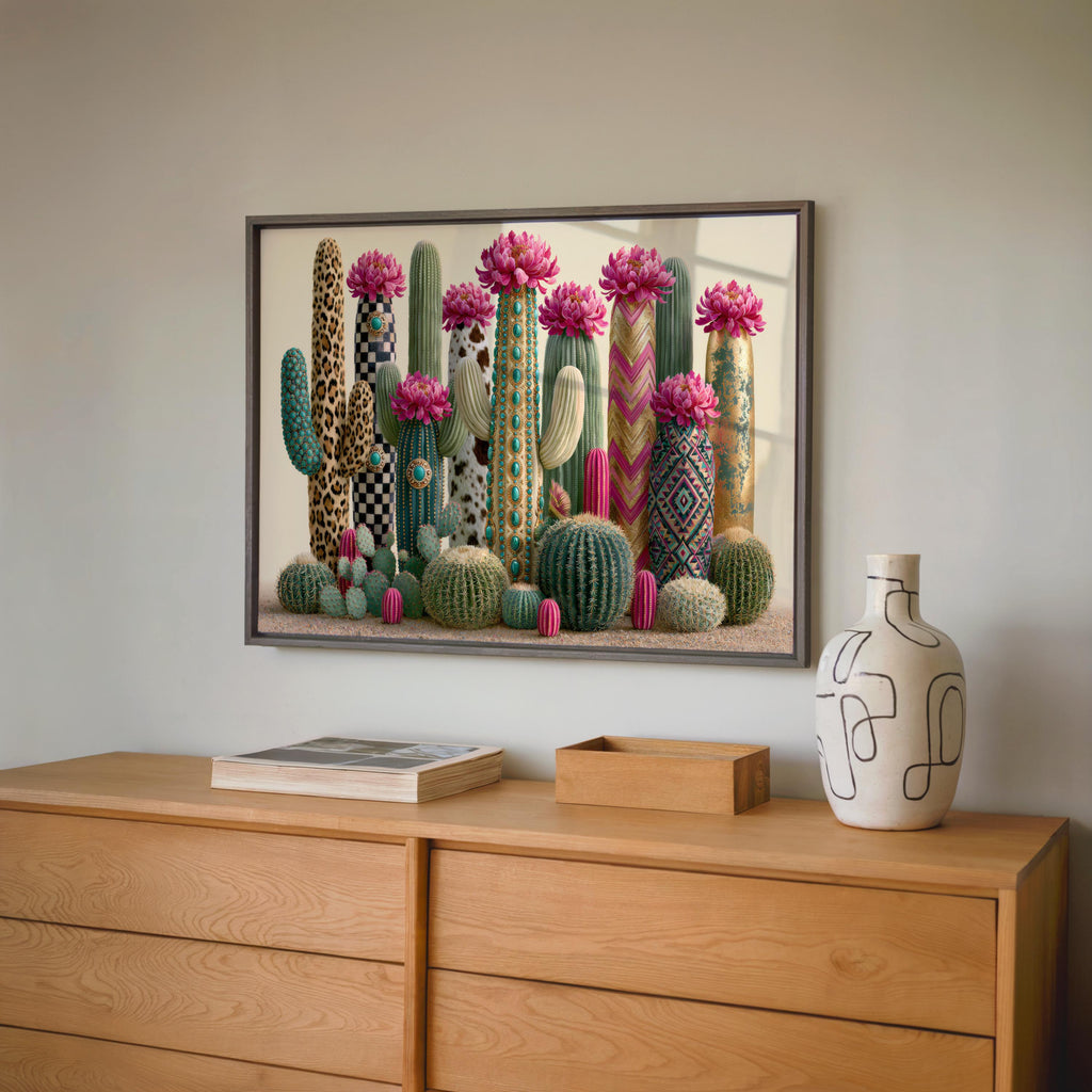 Cactus art print centered over a low wood cabinet, patterned succulents and vivid pink flowers, boho vibe.