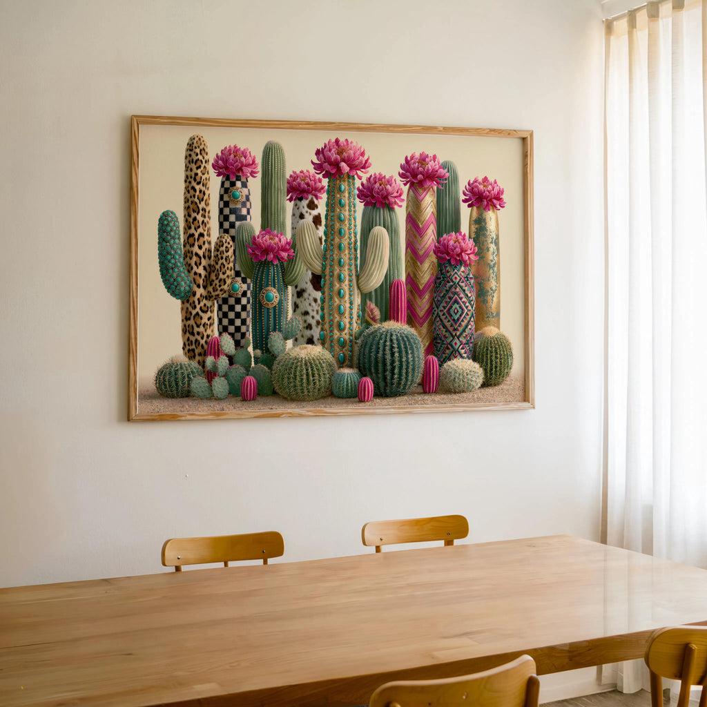 Colorful cactus wall art hung above a dining table, soft curtain light, boho cactus decor and warm woods.
