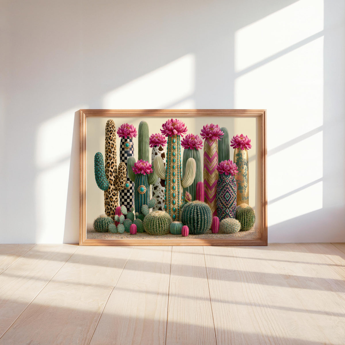 Framed cactus flower print leaning against baseboard, warm sunlit floor, folk art patterns and long shadows.