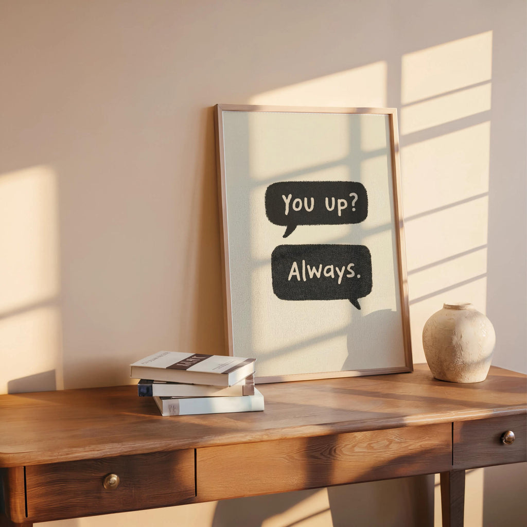 Neutral textured couples text message print leaning on desk, black speech bubbles, long distance couple gift energy.