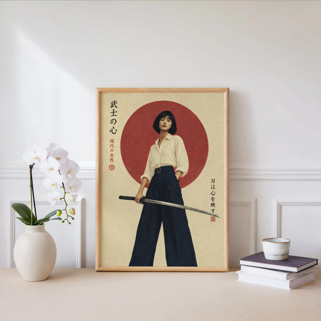Tokyo Retro Futurism Wall Art, Vintage Japanese Poster, Asian Girl Feminist Print, Modern Samurai Art, Kanji Katana Cinematic Decor For Him